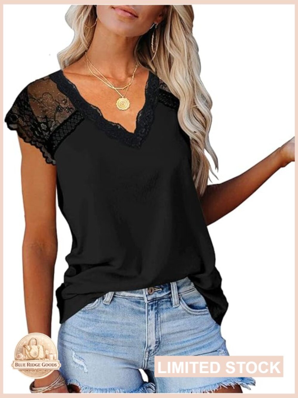 Black Lace Trim V-Neck Women’s Top